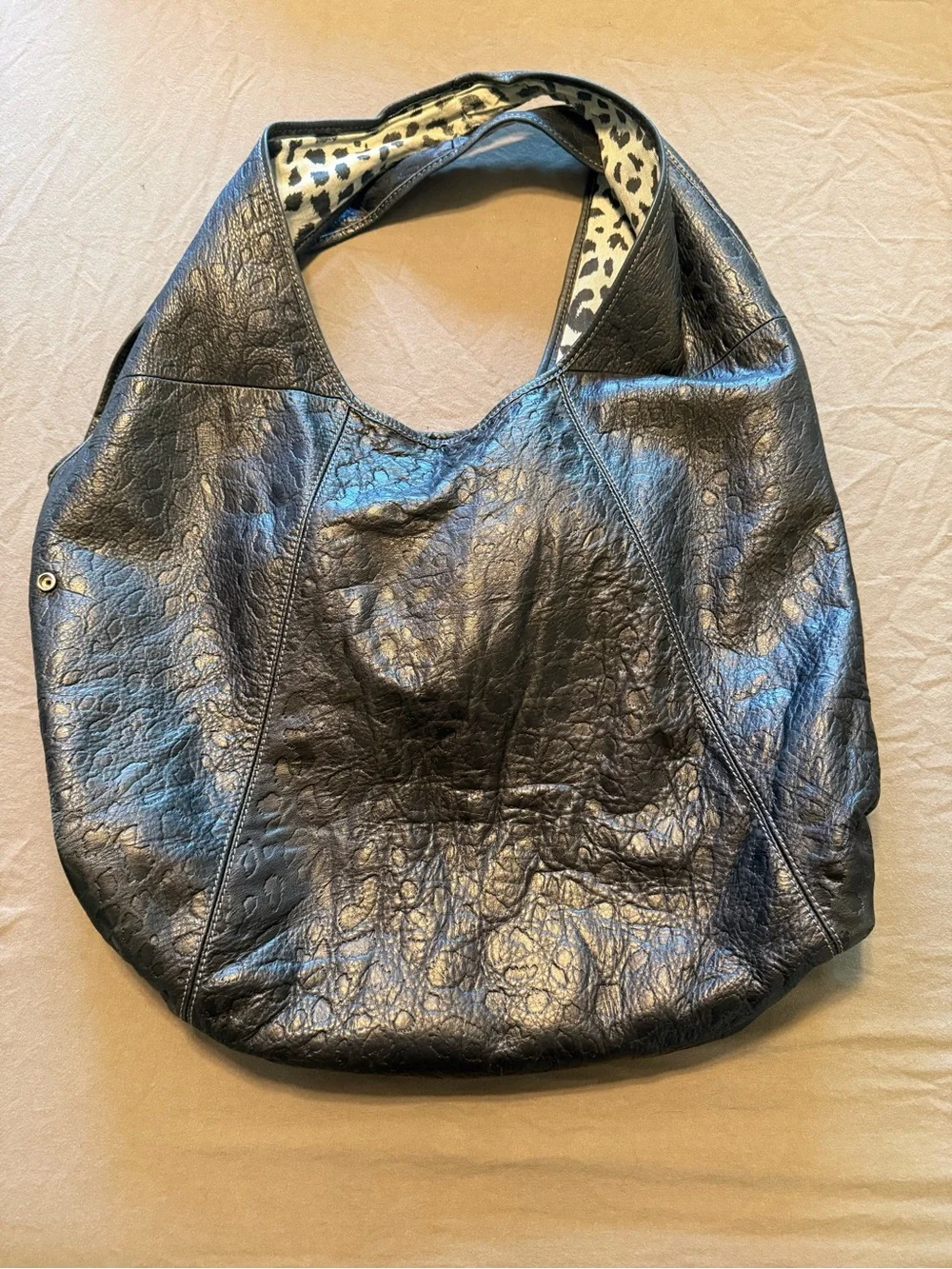 Vintage Betsey Johnson Black Hobo Bag with Leopard-Print Lining